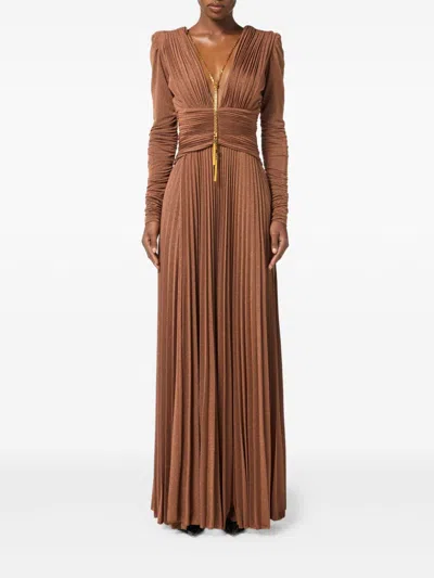 Elisabetta Franchi Red Carpet Lurex Jersey Dress With Necklace In Brown