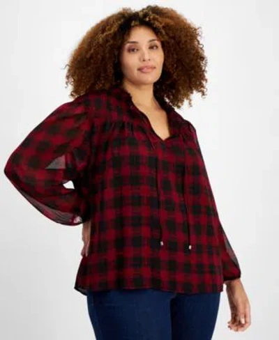 Tommy Hilfiger Plus Size Plaid Tie Neck Top Th Flex Gramercy Pull On Jeans In Red