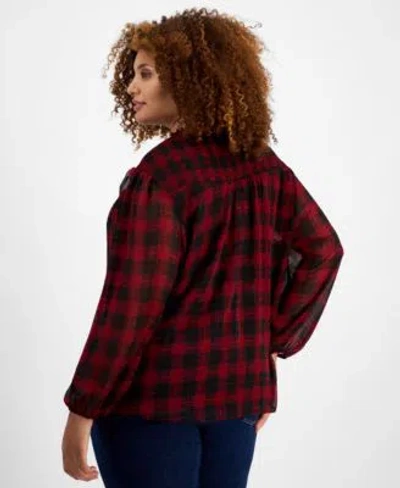 Tommy Hilfiger Plus Size Plaid Tie Neck Top Th Flex Gramercy Pull On Jeans In Red