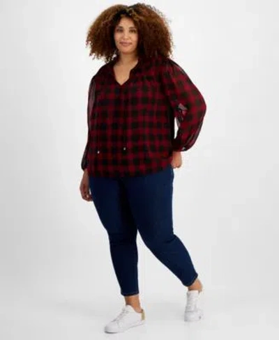 Tommy Hilfiger Plus Size Plaid Tie Neck Top Th Flex Gramercy Pull On Jeans In Red