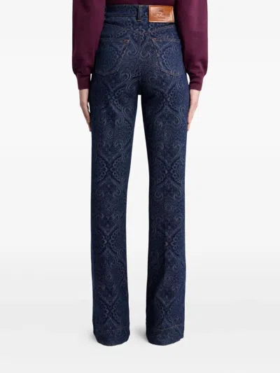 Etro Flared Jacquard Denim Jeans With Pegaso Buttons In Blue
