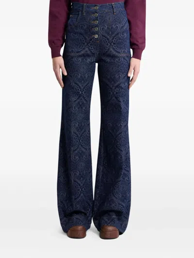 Etro Flared Jacquard Denim Jeans With Pegaso Buttons In Blue