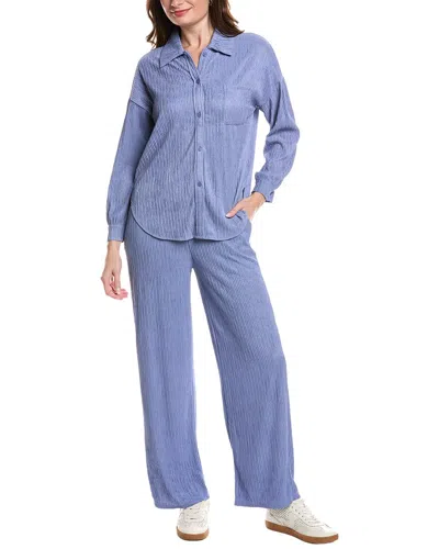 Marion 2p Crinkled Plisse Button Shirt & Pant Set In Blue