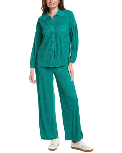 Marion 2p Crinkled Plisse Button Shirt & Pant Set In Green