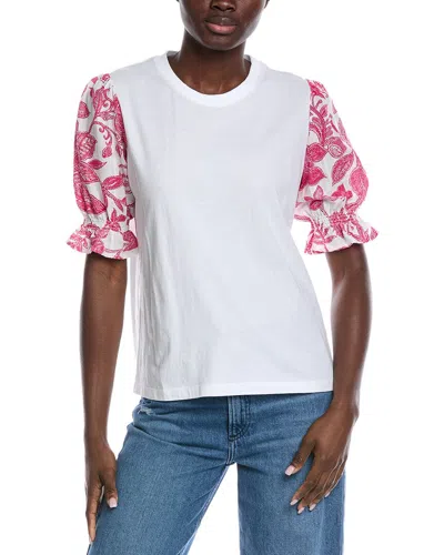 Johnny Was Mixed Media Smocked Sleeve Linen-blend T-shirt In White