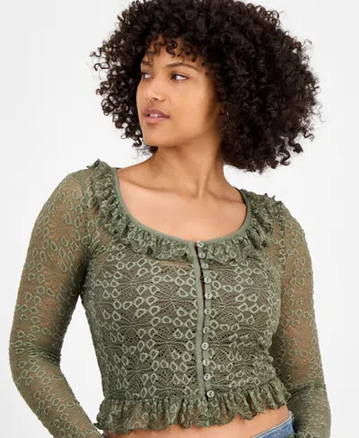 And Now This Petite Button-front Lace Ruffle Top, Macy's Exclusive In Green