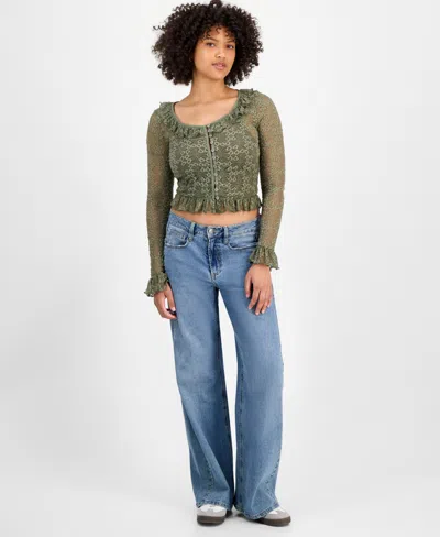 And Now This Petite Button-front Lace Ruffle Top, Macy's Exclusive In Green