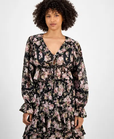 And Now This Petite Ruffle Long Sleeve Tie Front Top In Black