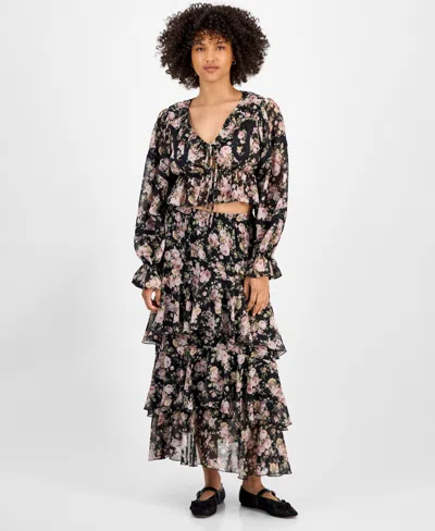 And Now This Petite Ruffle Long Sleeve Tie Front Top In Black