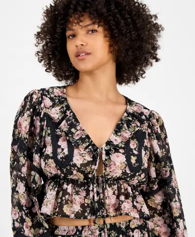 And Now This Petite Ruffle Long Sleeve Tie Front Top In Black