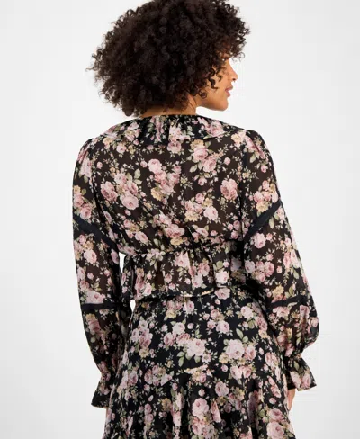 And Now This Petite Ruffle Long Sleeve Tie Front Top In Black