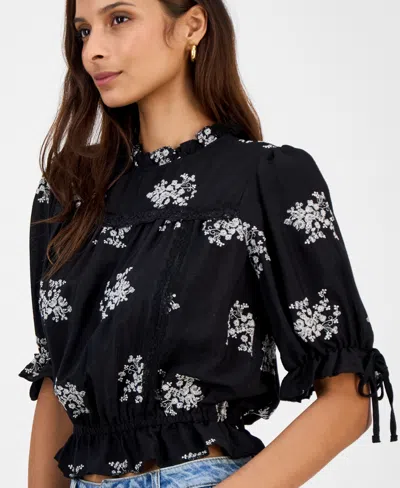 And Now This Petite Embroidered Puff-sleeve Blouse, Macy's Exclusive In Black