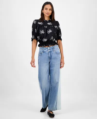 And Now This Petite Embroidered Puff-sleeve Blouse, Macy's Exclusive In Black