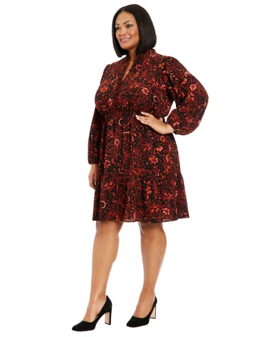 London Times Plus Size Long-sleeve Printed Chiffon Dress In Multi