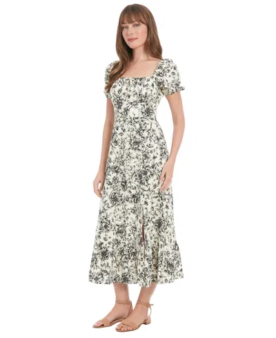 London Times Petite Floral-print Puff-sleeve Midi Dress In Multi