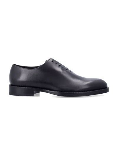 Ferragamo Almond Toe Brogues With Double Leather Sole In Black