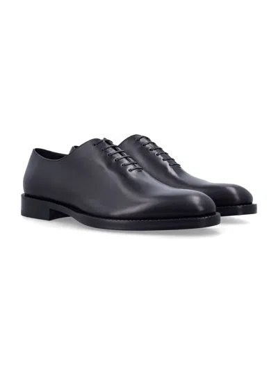 Ferragamo Almond Toe Brogues With Double Leather Sole In Black