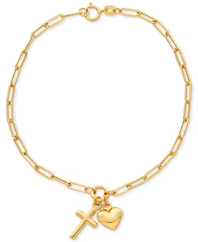 Macy's Heart And Cross Charm Bracelet In 10k Gold In Gold