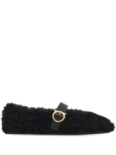 Ferragamo Black Shearling Buckle Slides In Black