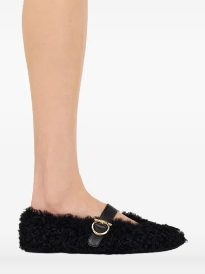 Ferragamo Black Shearling Buckle Slides In Black