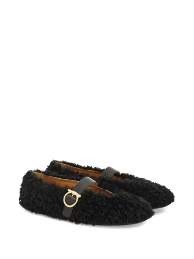 Ferragamo Black Shearling Buckle Slides In Black