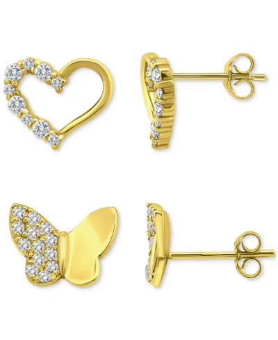 Giani Bernini Cubic Zirconia Heart & Butterfly 2-pc. Set Stud Earrings (1 Ct. T.w.) In 18k Gold Over Sterling Silv In Gold
