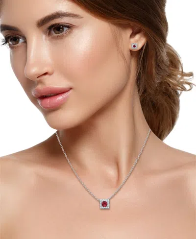 Giani Bernini Lab Grown Ruby And Cubic Zirconia Halo Square Pendant And Earring Set, 3 Piece In Metallic