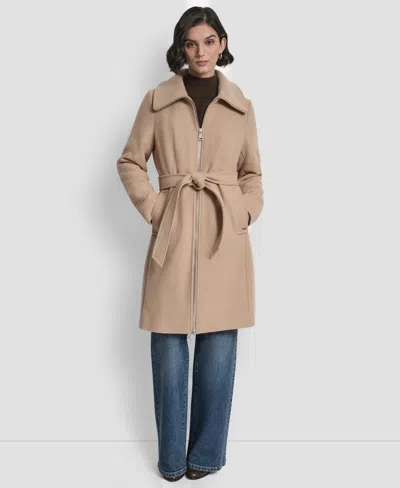 Dkny Petite Belted Zip Front Coat In Brown