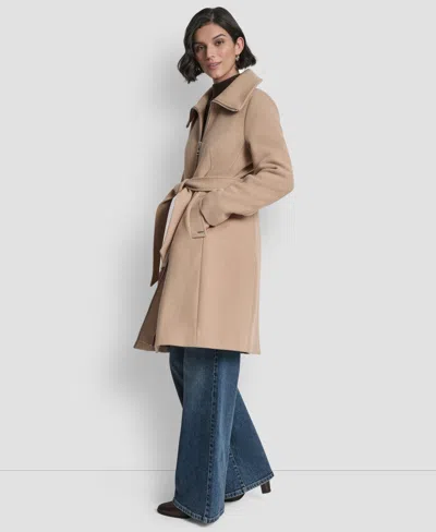 Dkny Petite Belted Zip Front Coat In Brown