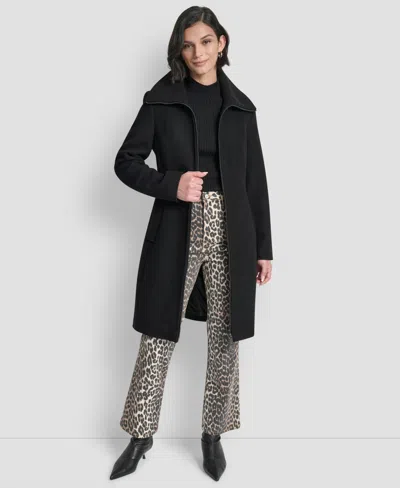 Dkny Petite Belted Zip Front Coat In Black