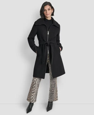 Dkny Petite Belted Zip Front Coat In Black