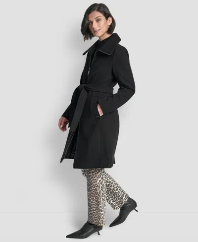 Dkny Petite Belted Zip Front Coat In Black
