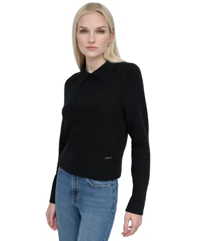 Dkny Jeans Petite Pullover Polo Sweater In Black
