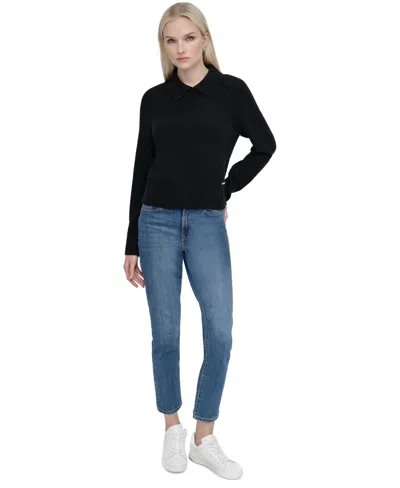 Dkny Jeans Petite Pullover Polo Sweater In Black
