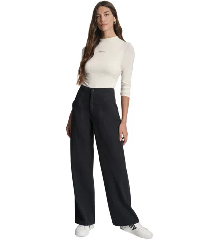 Dkny Jeans Women's Cotton High Rise Wide Leg Pants In Black