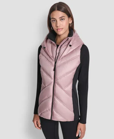 Dkny Women's Contrast Collar Hooded Puffer Vest In Pink