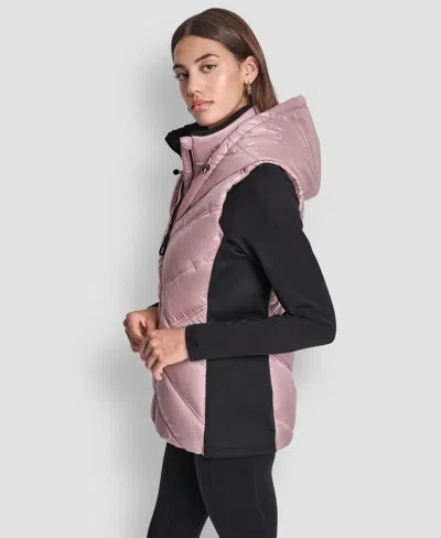 Dkny Women's Contrast Collar Hooded Puffer Vest In Pink