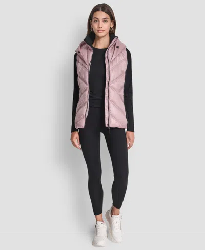 Dkny Women's Contrast Collar Hooded Puffer Vest In Pink