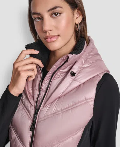 Dkny Women's Contrast Collar Hooded Puffer Vest In Pink