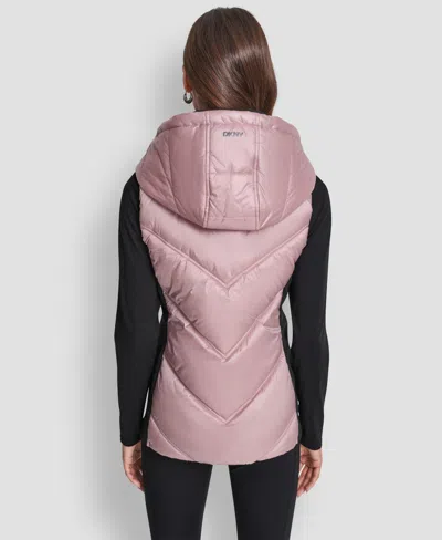 Dkny Women's Contrast Collar Hooded Puffer Vest In Pink