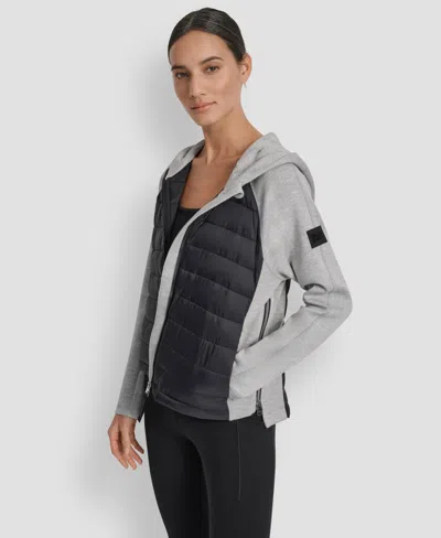 Dkny Women's High Low Hem Scuba Mixed Quilted Puffer Jacket In Gray