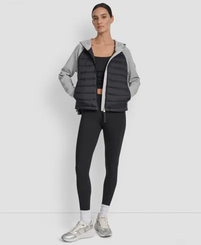 Dkny Women's High Low Hem Scuba Mixed Quilted Puffer Jacket In Gray