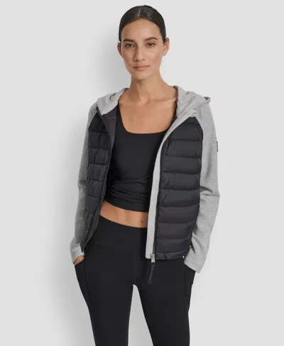 Dkny Women's High Low Hem Scuba Mixed Quilted Puffer Jacket In Gray