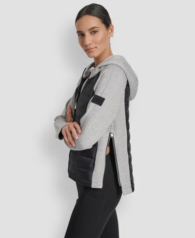 Dkny Women's High Low Hem Scuba Mixed Quilted Puffer Jacket In Gray