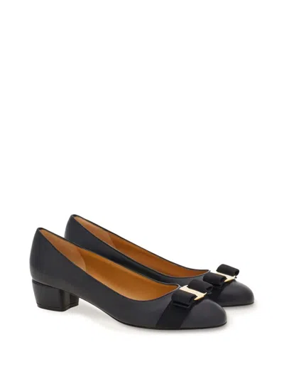 Ferragamo Nappa Leather Pumps Vara Block Heel Bow In Blue
