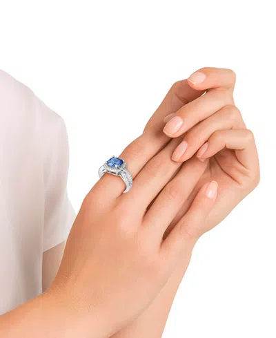 Macy's Simulated Birthstone Cushion Cubic Zirconia Halo Solitaire Ring In Silver Plate In Blue