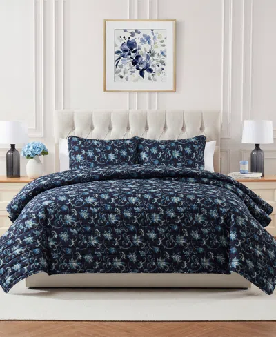 Seventh Studio Vancie Floral Pinsonic Microfiber 3-pc. Quilt Set, Full/queen In Blue
