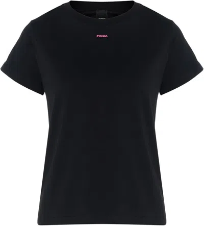 Pinko Women's Basic Black T-shirt In Cotton Round Neck With Front Logo In Black