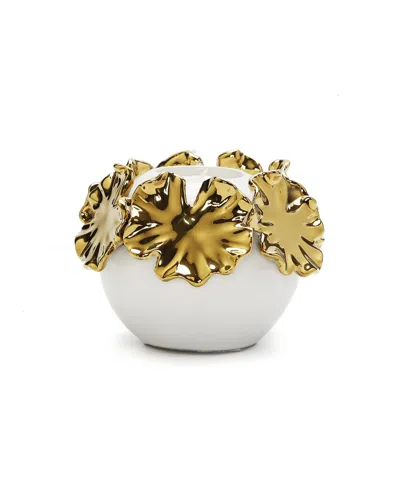 Vivience White Ceramic Candle Holder Gold-tone Flower Design In Multi