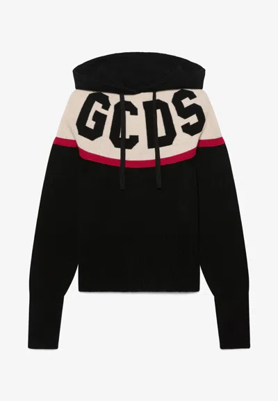 Gcds Logo Knit Cropped Hoodie In Black